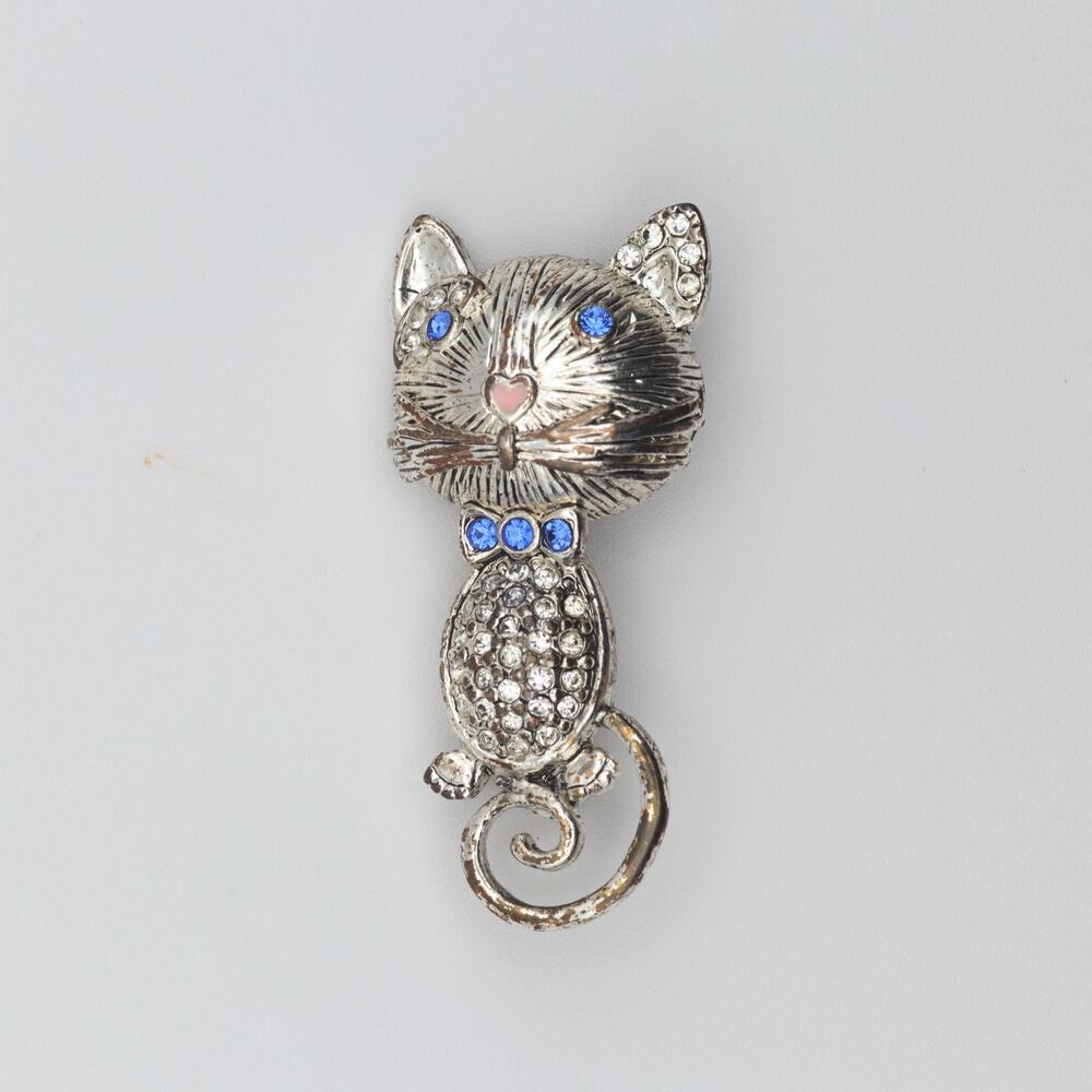 Cat Blue Rhinestones Brooch Pink Nose Pin Silvertone Liz Claiborne Signed LC